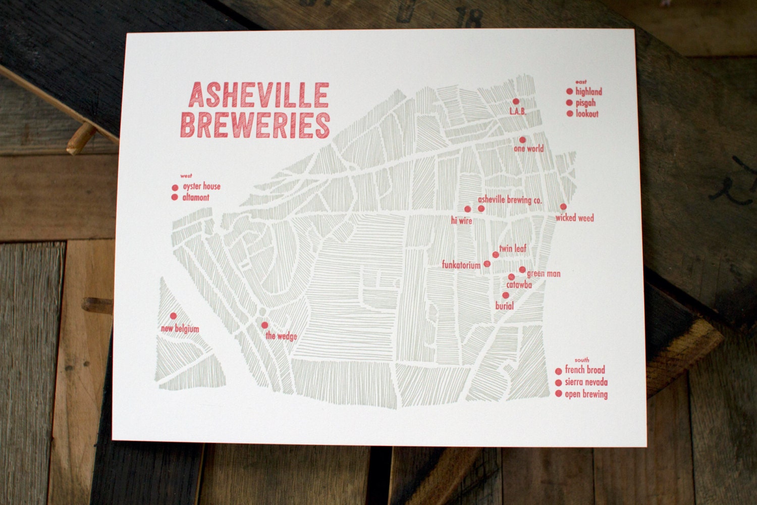 Asheville Beer Letterpress Map of Breweries craft beer