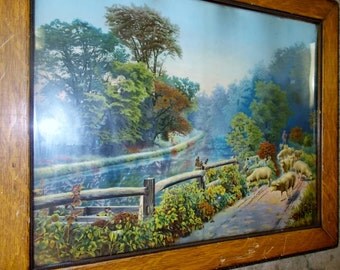 Antique Color Lithograph Sheep Shepherd River Rural Pastoral Scene In Wood Frame