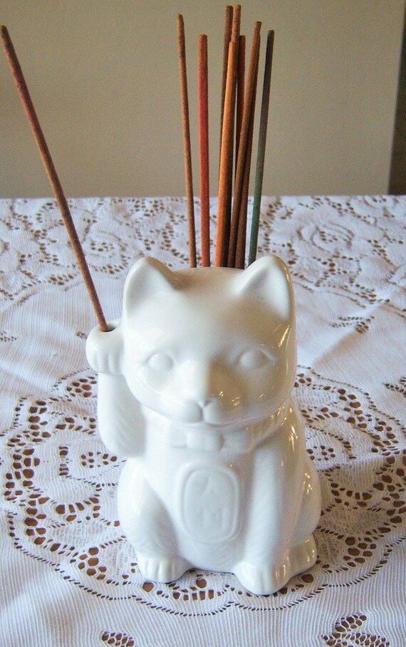 SALE Lucky Cat Incense Burner / Holder White Ceramic