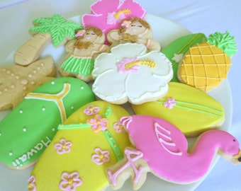 Hawaiian Cookies, Tropical Cookies, Luau, Tiki, Hula, Hibiscus, Flip Flops, Favors, Pineapple, Tropical, Birthday, Baby Shower, Luau Party