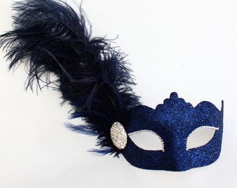 Beautiful Navy, Silver, Gold Sparkly Feather Masquerade Mask