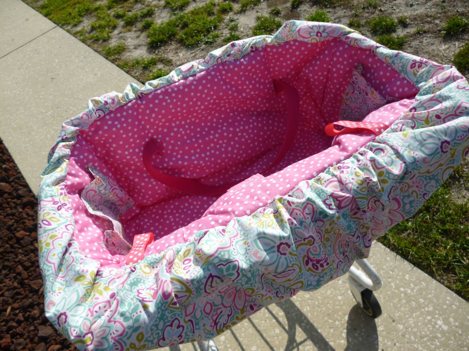 Shopping Cart Cover padded Pink floral with white polka dot