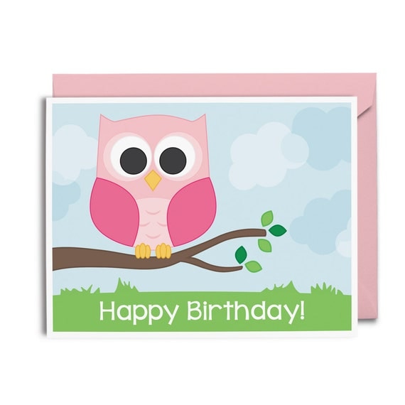 Owl Card Happy Birthday Greeting Card Kids by tickledpeachstudio