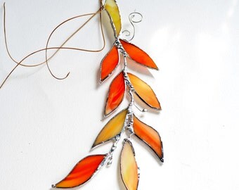 Orange Glass Autumn Leaf Branch. Stained Glass Suncatcher. Orange Leaf.