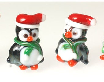 10 Handmade Lampwork Glass Beads --- Christmas Penguins