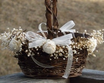 Rustic Flower Girl Basket with Preserved Babys Breath Sola Flowers Woodland Country Wedding Basket See Item Details Tab Made to Order