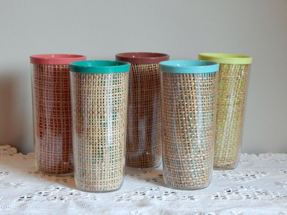 Vintage Tumblers Melmac Insulated Plastic Burlap Raffia Cups