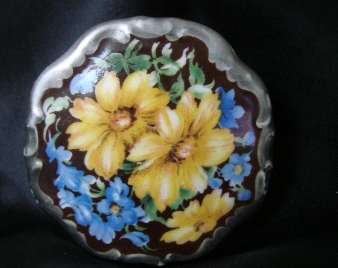 Vintage Hand Painted Floral Porcelain Brooch / Yellow, Blue, Grey / Floral Painting / Jewelry / Jewellery