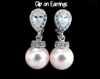 Clip On Pearl Earrings Pink White Pearls Ivory Pearls cubic zirconia Earrings Wedding Jewelry Bridal Clip on Earrings non pierced earrings