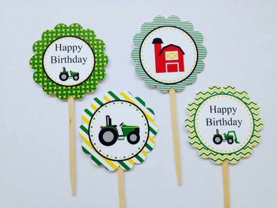 Farm Tractor CupcakeToppers ~ Happy Birthday ~ Set of 12 Il_570xn