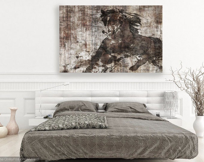 Running Horse. Extra Large Horse, Unique Horse Wall Decor, Brown Rustic Horse, Large Contemporary Canvas Art Print up to 72" by Irena Orlov