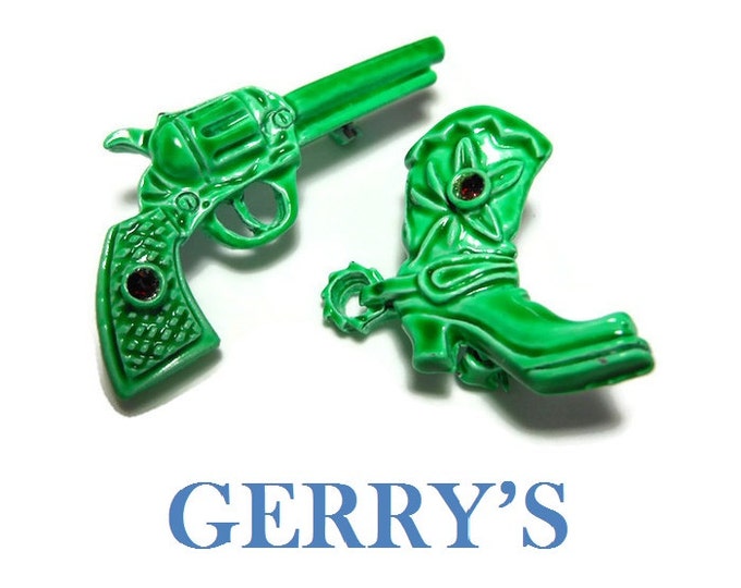 Gerry's pistol and boots scatter pins, rare bright green gun and western style boot with spurs brooches, ruby red rhinestone, tie tacks pins
