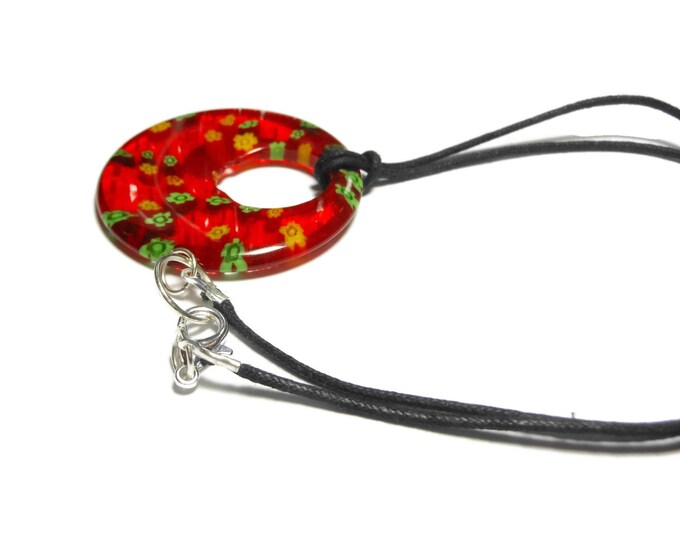 FREE SHIPPING Millefiori glass pendant, 40mm round red, yellow and green flowers, round go-go on black cord, silver plated findings