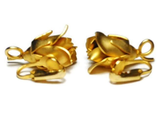FREE SHIPPING Rosebud clip earrings, satin finish gold plated rose earrings