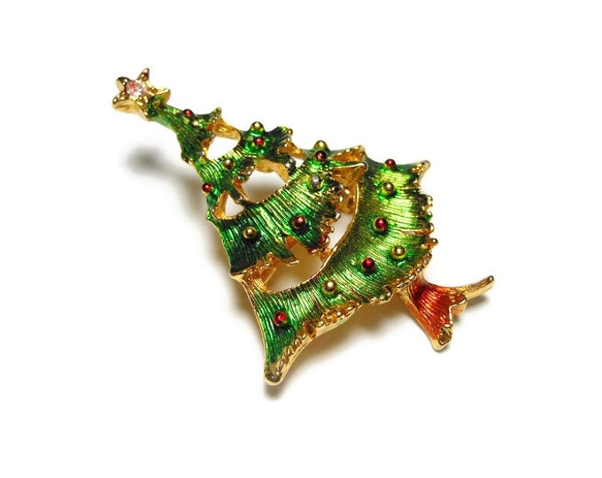 Christmas tree brooch, green enamel over gold plated tree with colored balls, holiday pin with rhinestone star topper
