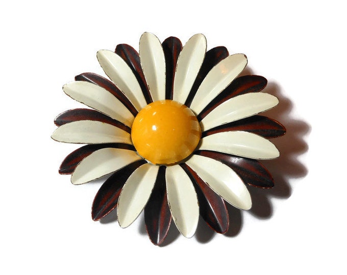 FREE SHIPPING Large daisy brooch pin, mod 1960s white and brown enamel flower floral brooch with yellow textured center, groovy baby!