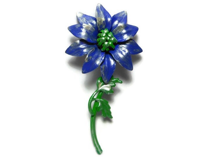 FREE SHIPPING Blue floral brooch pin, enamel daisy like pin, upcycled by adding a wash of light gold antiquing glaze over the blue and green
