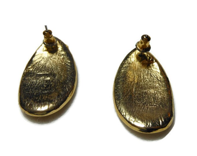 Butterscotch enamel earrings, yellow swirl iridescent teardrop pierced earrings gold tone.