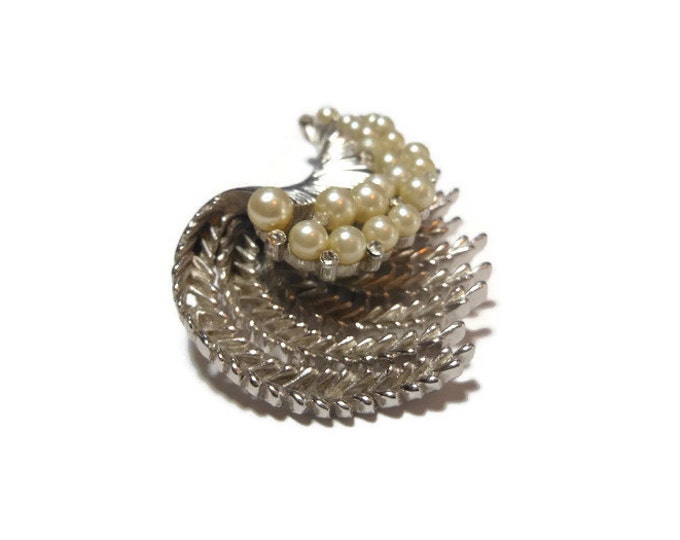 FREE SHIPPING Crown Trifari brooch, 1950s early 60s large silver plated crested wave textured brooch, creamy faux pearls, small rhinestones