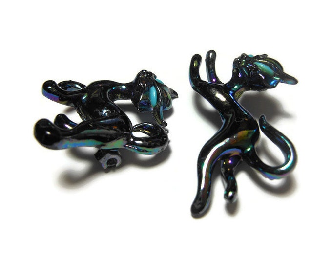 SALE Iridescent black cat brooch pair, pair of kitty kitten opalescent scatter pins, brooches with turquoise colored eyes, Siamese if you...