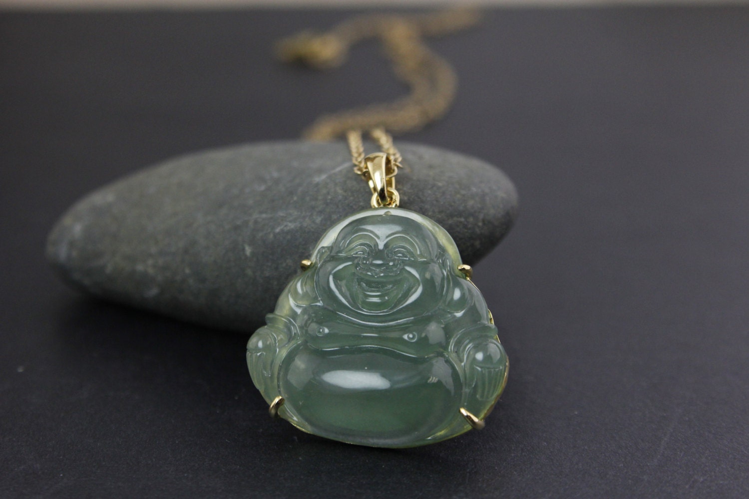 Icy Green Jade Carved Buddha Necklace Happy Buddha 18KT