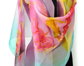 Hand painted silk chiffon scarf/Painting flowers/Long chiffon scarf/Luxury woman gift/painting red and yellow flowers/Woman accessory/S0153