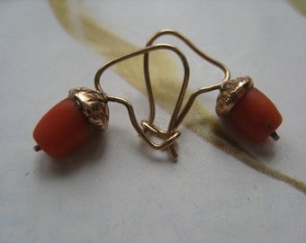 Antique 10K Coral Acorn Earrings, Victorian Coral earrings, Victorian Pierced Earrings, Fine Estate Jewelry, Acorn Jewelry, Coral Jewelry