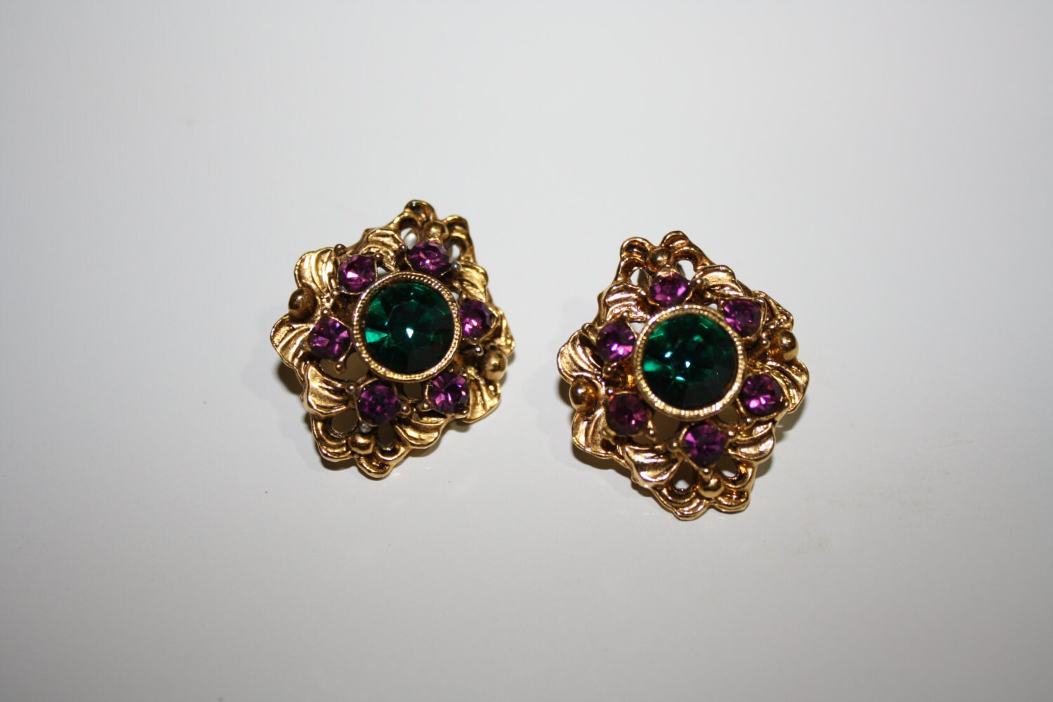Bold Colors 80s Earrings Pierced Green and Purple