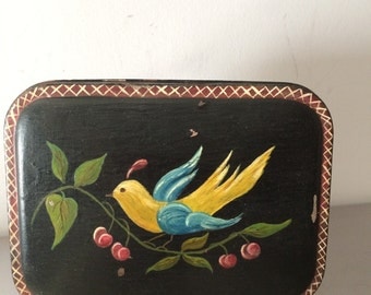 Antique Hand Painted TolewareTin / Vintage Tole Tin / Bird on a Branch Toleware Tin