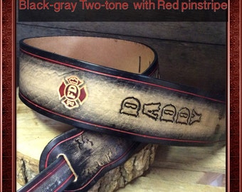 Great gift Personalized adjustable Leather Guitar strap with a beautiful red pinsripe and you choose the design.