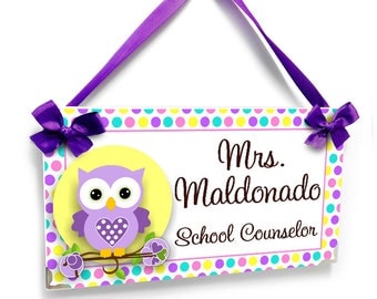 personalized school counselor name door sign - purple owl and polka dots themed school decor - P2239