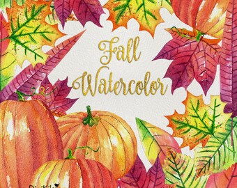 Fall Watercolor Clipart, Hand Painted Watercolor - Autumn Clip Art - Pumpkin, Halloween, Thanksgiving, Orange, Green, Red, Purple, Seasonal