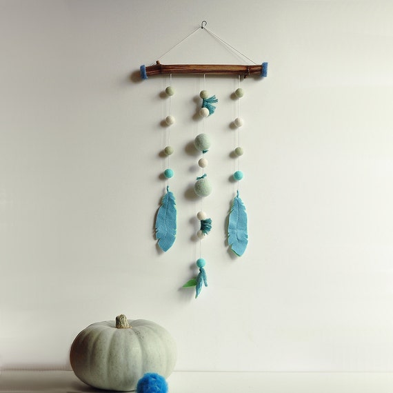 Tribal wall hanging - Nomad gift Dreamer Ethnic Felt mobile - Mint azure feather