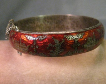 Vintage Siam Red Enamel Hinged Bangle Bracelet, Sterling Silver, 7.5", 15 mm wide