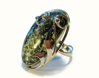 Natural Baltic green amber ring.