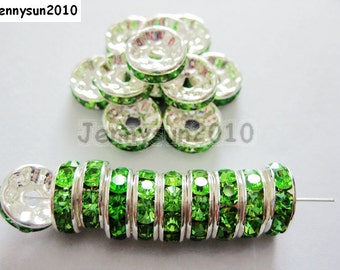 100pcs Top Quality Peridot Czech Crystal Rhinestones Silver Rondelle Spacer Beads 4mm 5mm 6mm 8mm 10mm