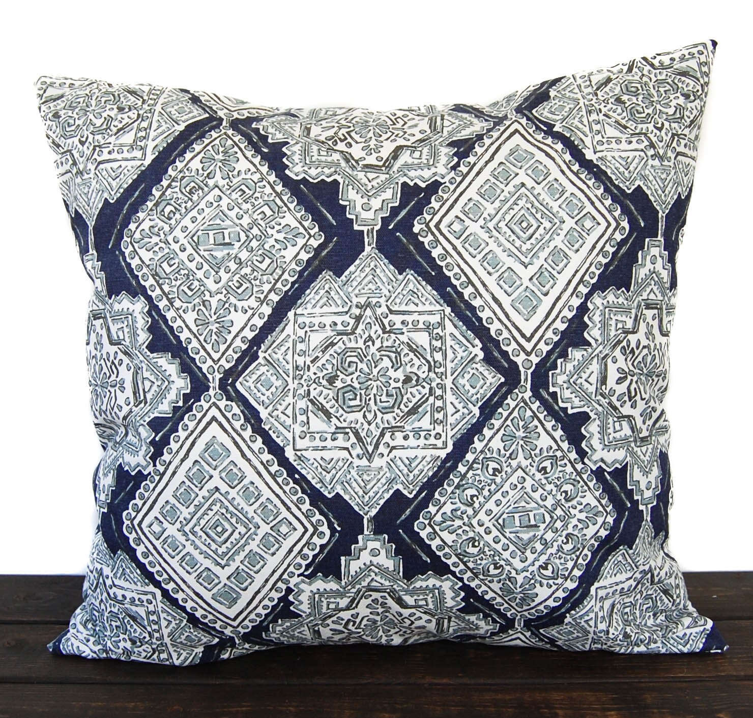 Throw pillow cover Vintage Indigo navy light blue gray white