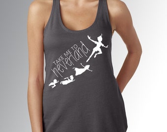 PETER PAN *Take Me To Neverland *Second Star to the Right *Women's Dark Grey Racerback Tank Top *Disneyland/World Vacation Shirt *Run Disney