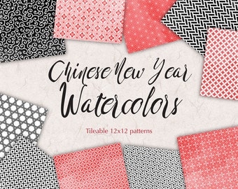 Chinese New Year Digital Backgrounds Watercolor Paper Pack Red Black Digital Graphics Oriental Patterns 12x12 Geometric Paper Pack