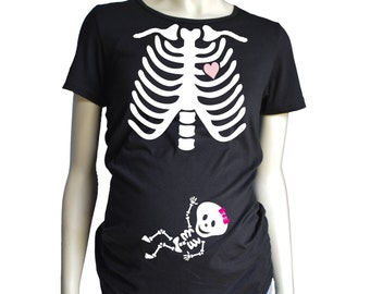 Halloween Skeleton MATERNITY Shirt short sleeve, Bow or Neck Tie, Halloween Costume Tshirt, Custom Pregnancy Shirt with Neck Tie or Bow