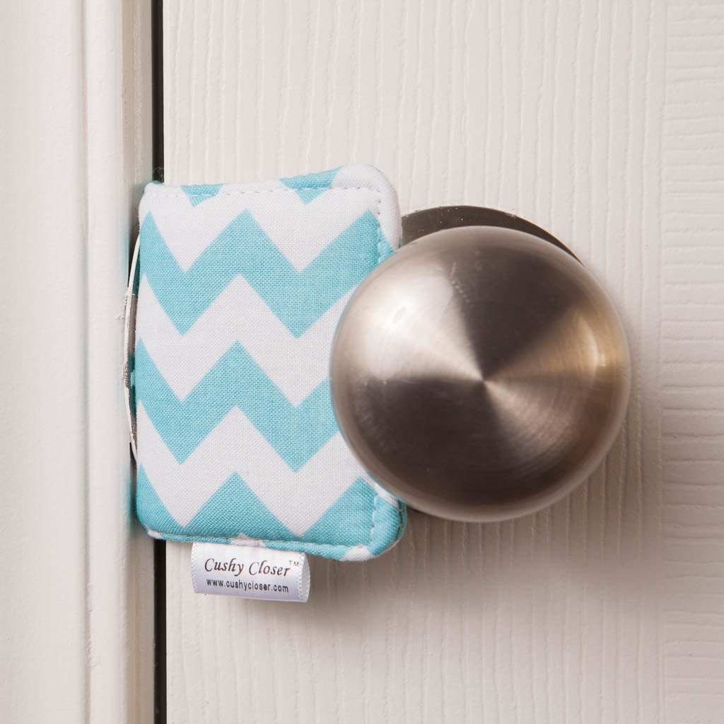 The Original Cushy Closer Door Cushion Aqua & White Chevron