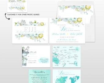 Destination wedding invitation Pacific Islands Oceania Fiji Tahiti Samoa Solomon Tonga Bora Bora illustrated wedding cards Deposit Payment