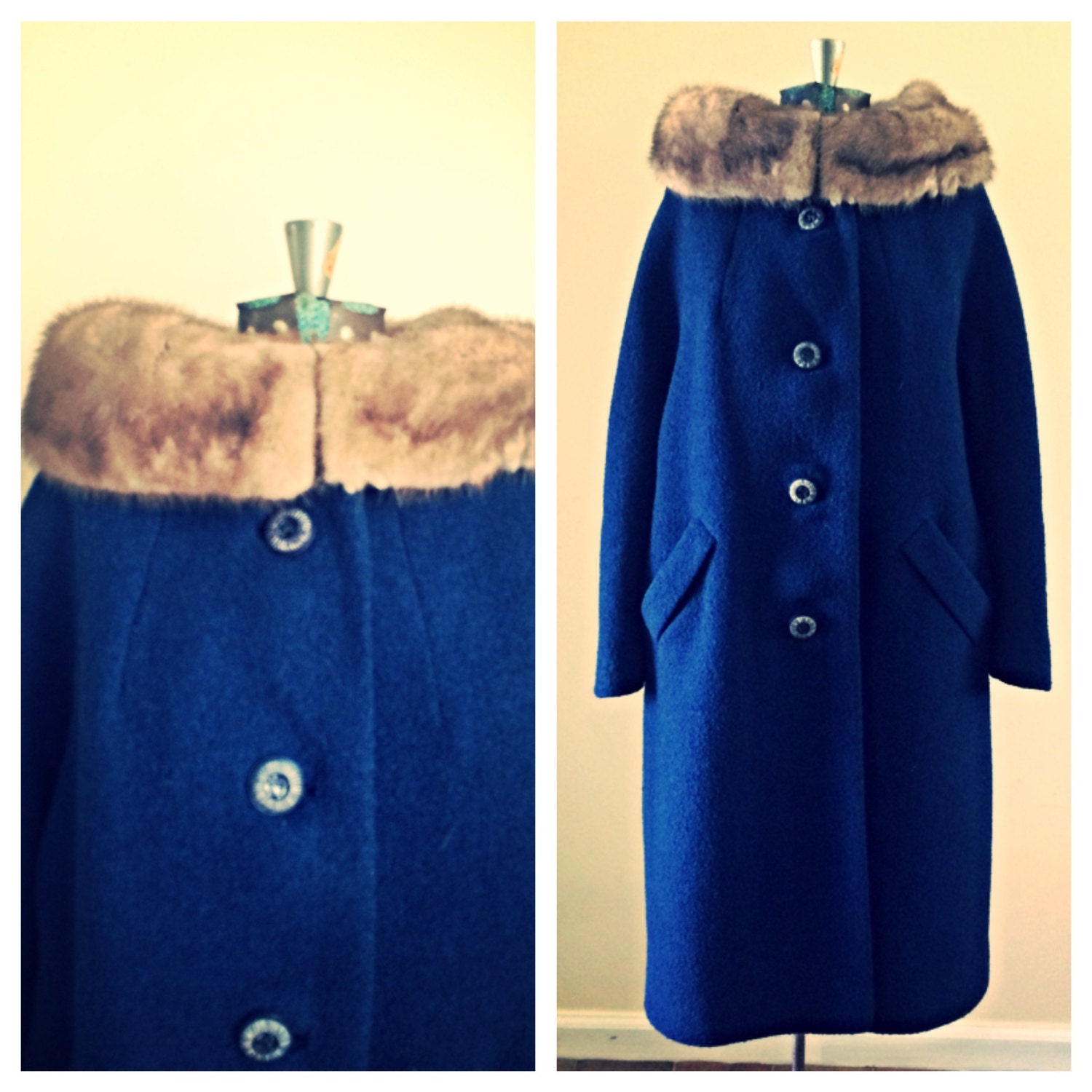SALE Vintage Forstmann Frizelda navy wool coat fur collar / wool trench