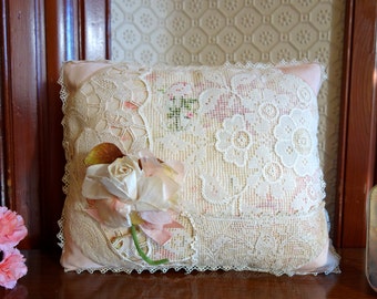 Vintage lace patchwork pillow pink&ivory by VintageBrocare on Etsy