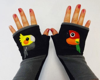 Two Parrots Gloves. Custom Fingerless Gloves with Pockets for Parrot Lovers