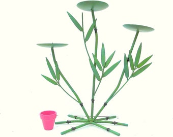 SALE Vintage Green Metal Bamboo Tole Candelabra Three Candle Holder