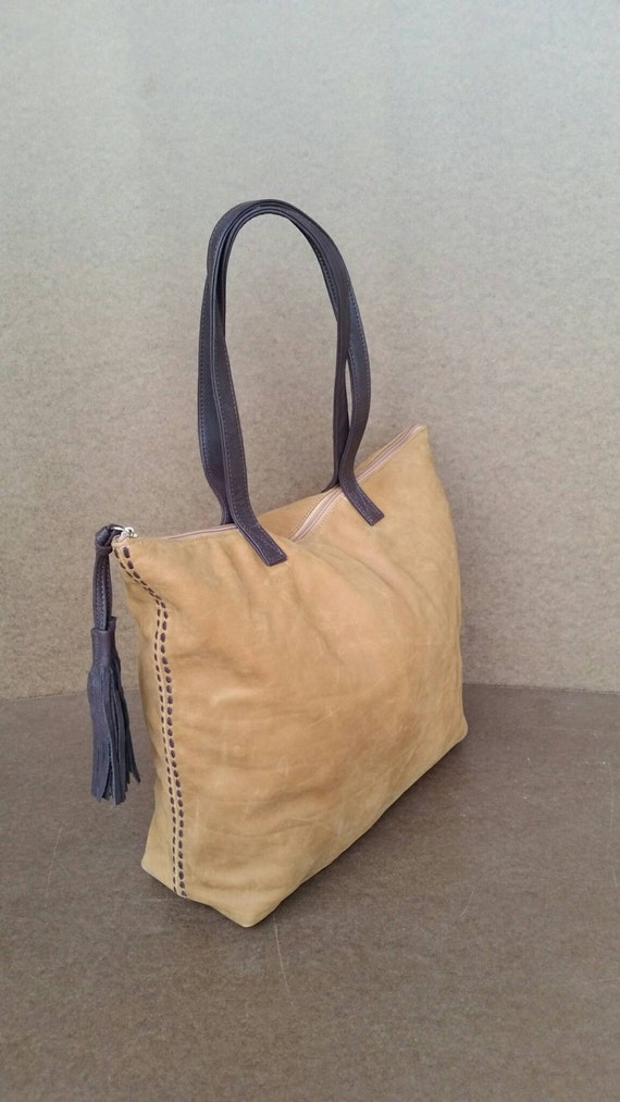 Camel Soft Leather Tote Bag with Tassel Large Suede