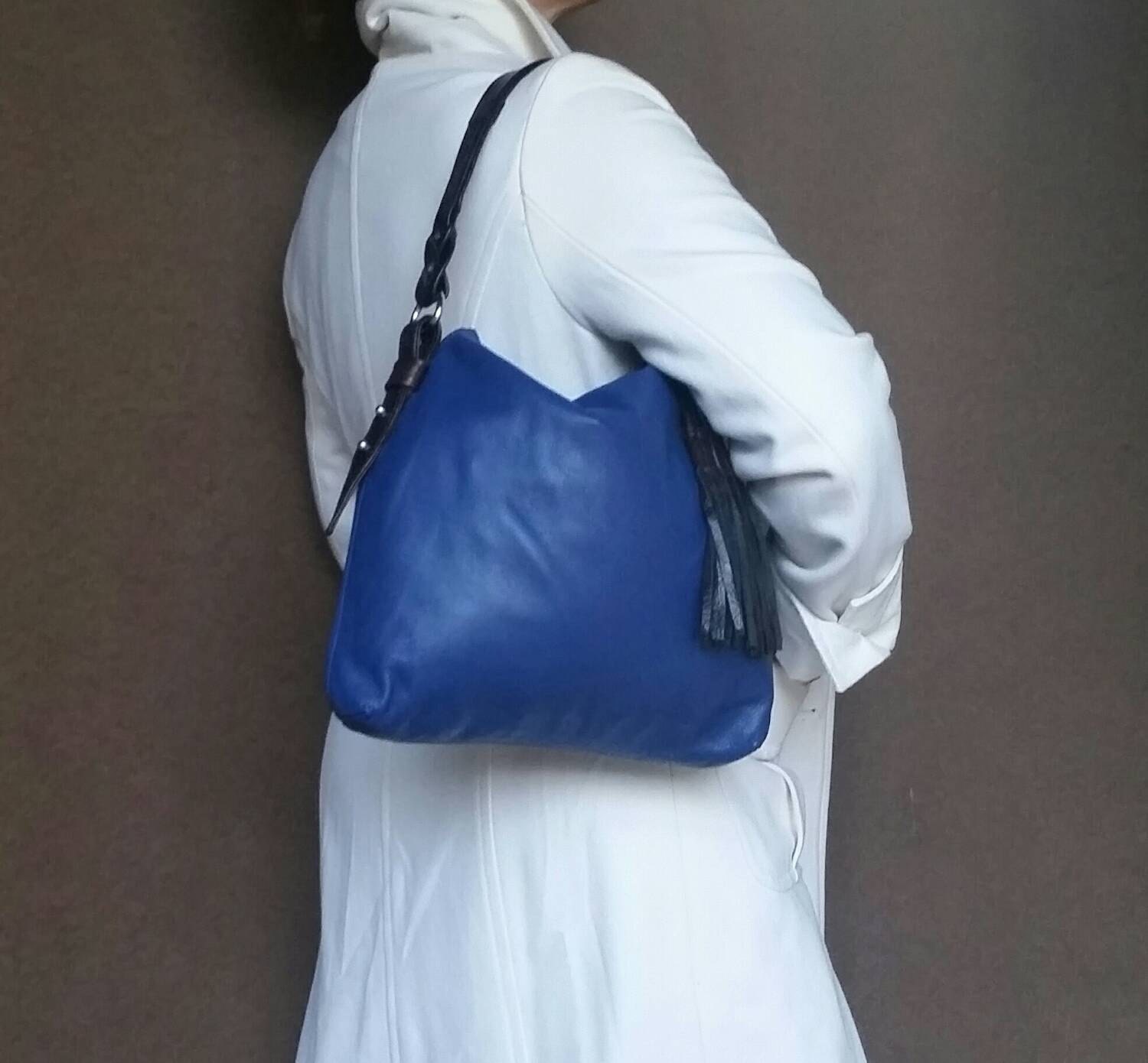 Original Blue Leather Purse Everyday Hobo Bag with Tassel