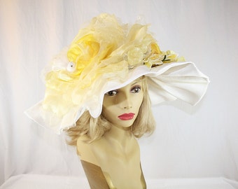 Yellow Rose Kentucky Derby Hat Rose Wedding Hat Garden Party Hat Yellow Flower Wide Brim Hat