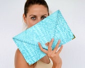 Turquoise leather clutch / Snake pattern / Handmade leather bag / Turquoise Italian leather